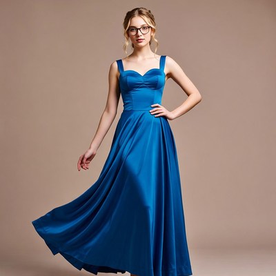 Woman in flowing blue satin gown