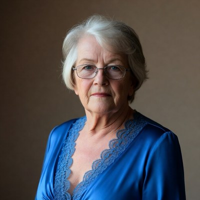 Elderly woman in blue lace nightgown