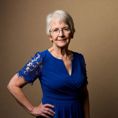 Elderly woman in blue lace dress