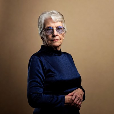 Elderly woman in blue turtleneck