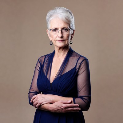 Elderly woman in navy dress with arms crossed