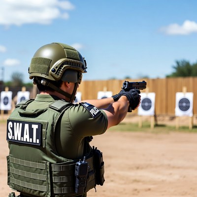 SWAT officer aiming pistol at targets