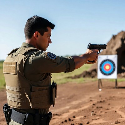 Soldier aiming pistol at target