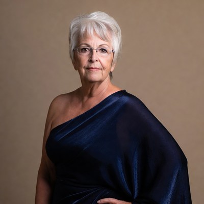 Elderly woman in one-shoulder blue dress