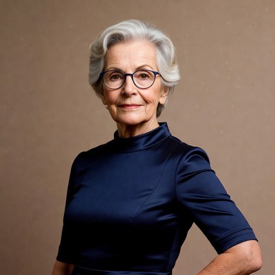 Elderly woman in blue dress with glasses