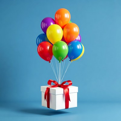Colorful Balloons Tied to Gift Box