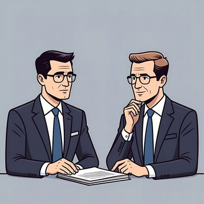 Two businessmen examining documents