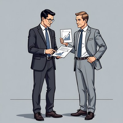 Two businessmen discussing sales chart