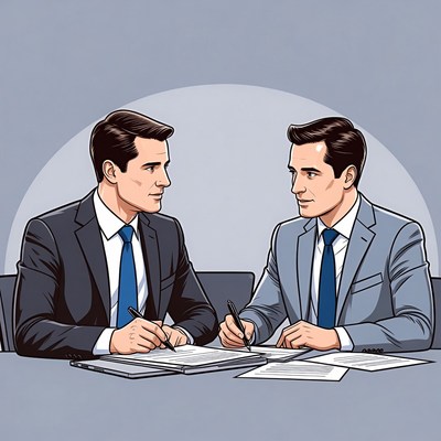 Two businessmen signing documents