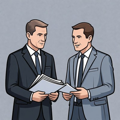 Two businessmen discussing documents