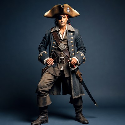 Pirate man in tricorn hat and coat