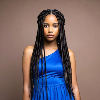 African-American woman in blue dress