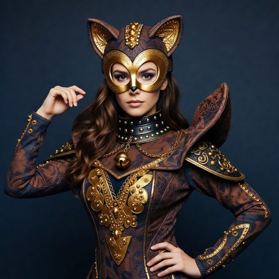Woman in golden cat mask costume