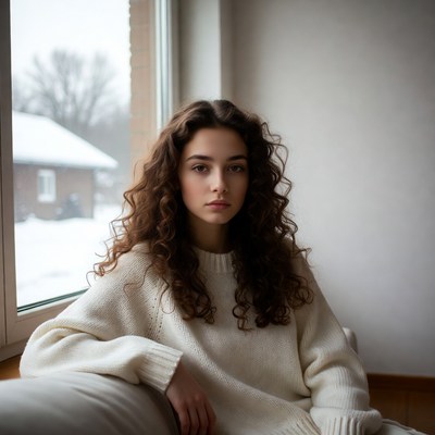 Young woman with curly hair by snowy window