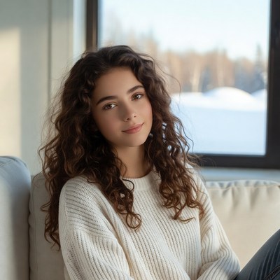 Young woman with curly hair on sofa