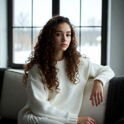 Young woman with curly hair by snowy window