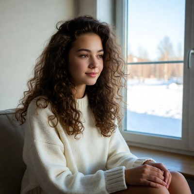 Young woman gazing out snowy window
