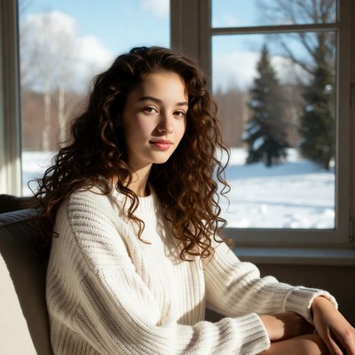 Young woman in white sweater by snowy window