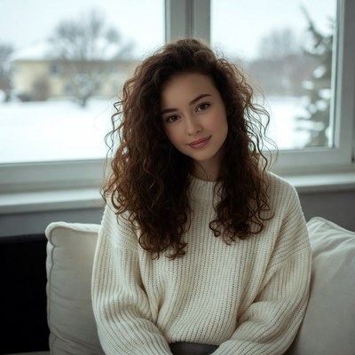 Woman with curly hair by snowy window