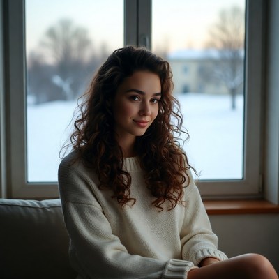Woman with curly hair by snowy window