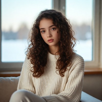 Young woman with curly hair by window