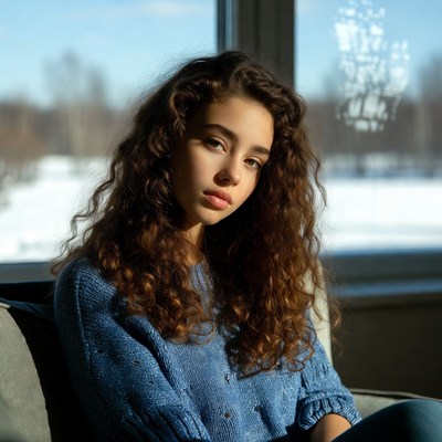 Curly-haired girl by snowy window