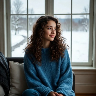 Young woman gazing out snowy window