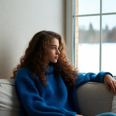 Woman in blue sweater by snowy window