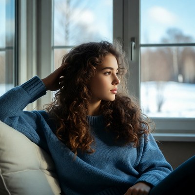 Young woman gazing out snowy window