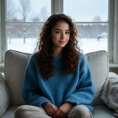 Young woman with curly hair on sofa