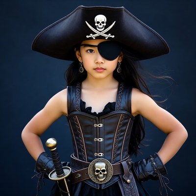 Asian girl in pirate costume with sword