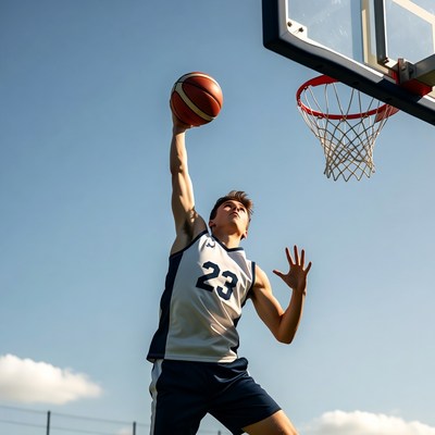 Young man dunking basketball