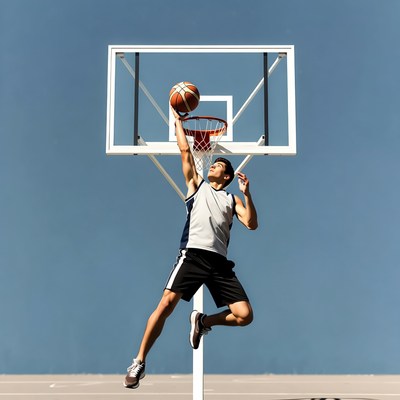 Man dunking basketball on outdoor hoop