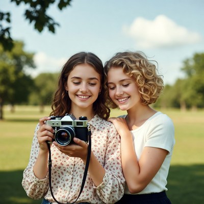 Two girls holding vintage camera outdoors