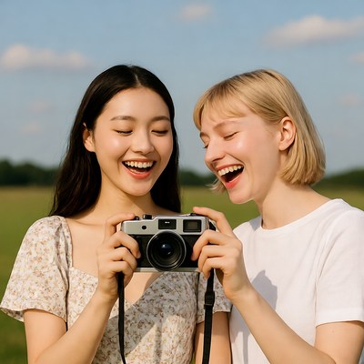 Two women laughing with camera in field