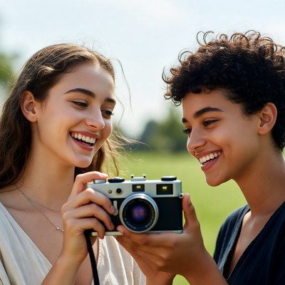 Two girls smiling with vintage camera