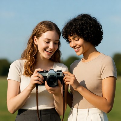 Two women examining vintage camera outdoors