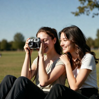 Two girls taking photo with vintage camera