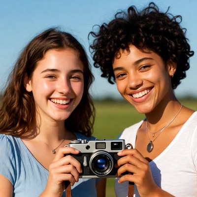 Two girls holding vintage camera outdoors
