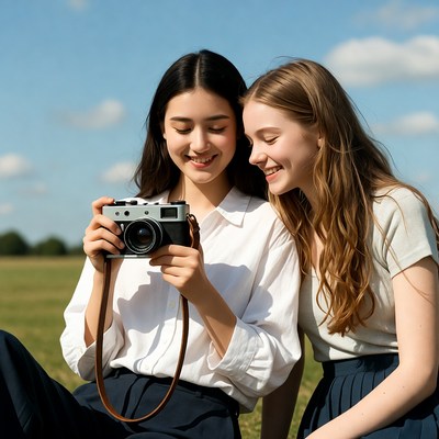 Two girls examining vintage camera outdoors