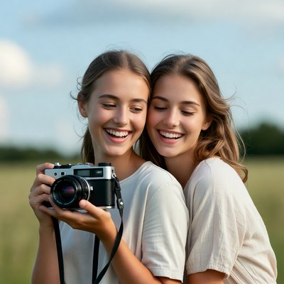 Two girls holding vintage camera outdoors