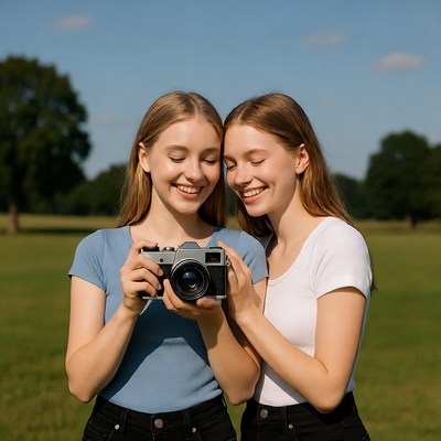 Twin girls holding camera outdoors