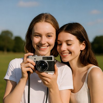 Two girls holding vintage camera outdoors