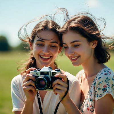 Two girls holding vintage camera outdoors