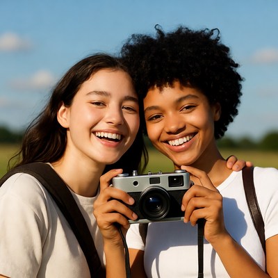 Two girls smiling with camera outdoors
