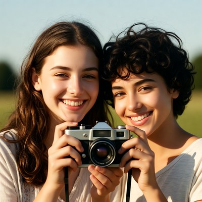 Two women holding vintage camera