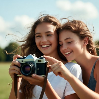 Two girls holding vintage camera outdoors