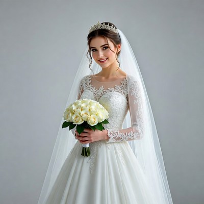 Bride holding white rose bouquet