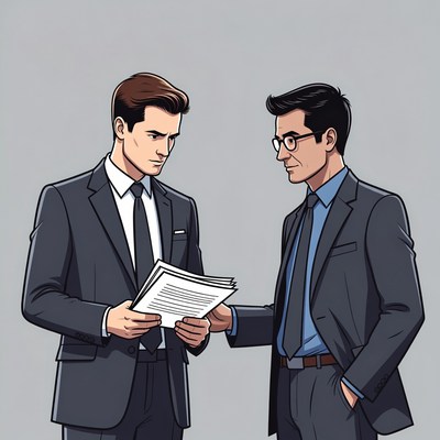 Two businessmen discussing document