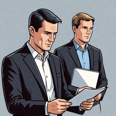 Two businessmen examining documents